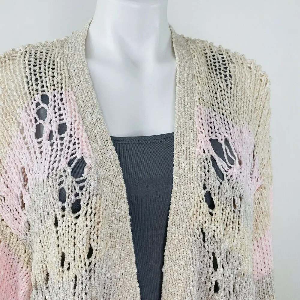 WILDFOX Sweater Cardigan Women XS Pink Distressed Striped Open Knit oversized